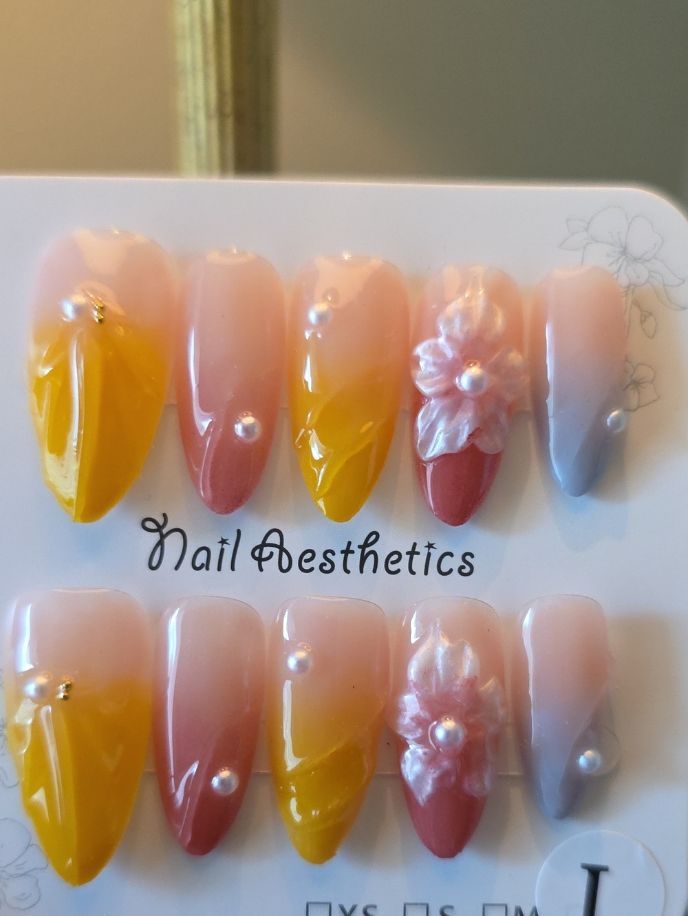 Yellow Pink Ombre Press-On Nail Set with 3D Floral Accents Size Large